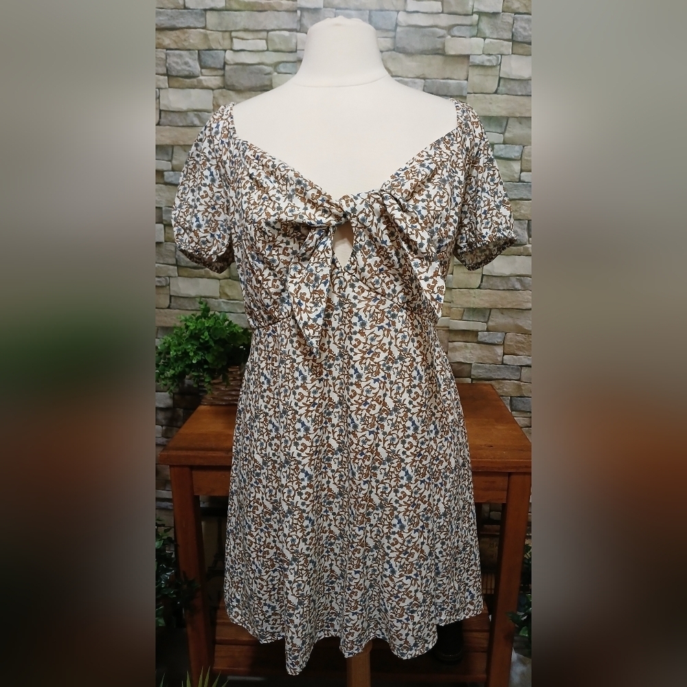 Jessica Simpson Brown Tan Floral Puff Sleeve Mini Sundress‎ XL